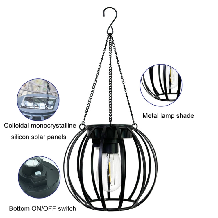 Black metal hanging solar lantern light with clear bulb and ON/OFF switch