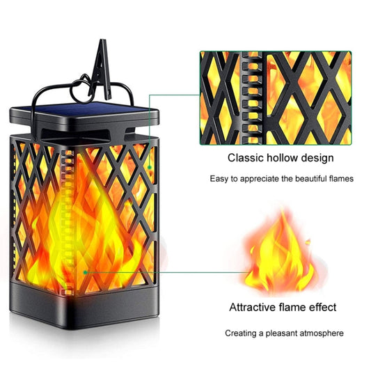 Outdoor solar lantern light with flame effect, diamond lattice sides and top panel