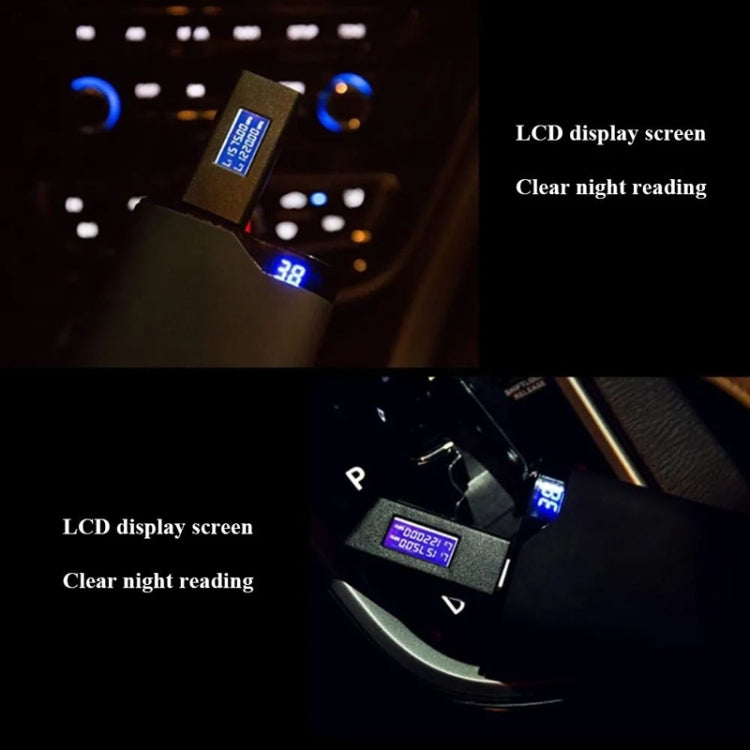 USB GPS jammer with illuminated LCD display, close-up in a car interior
