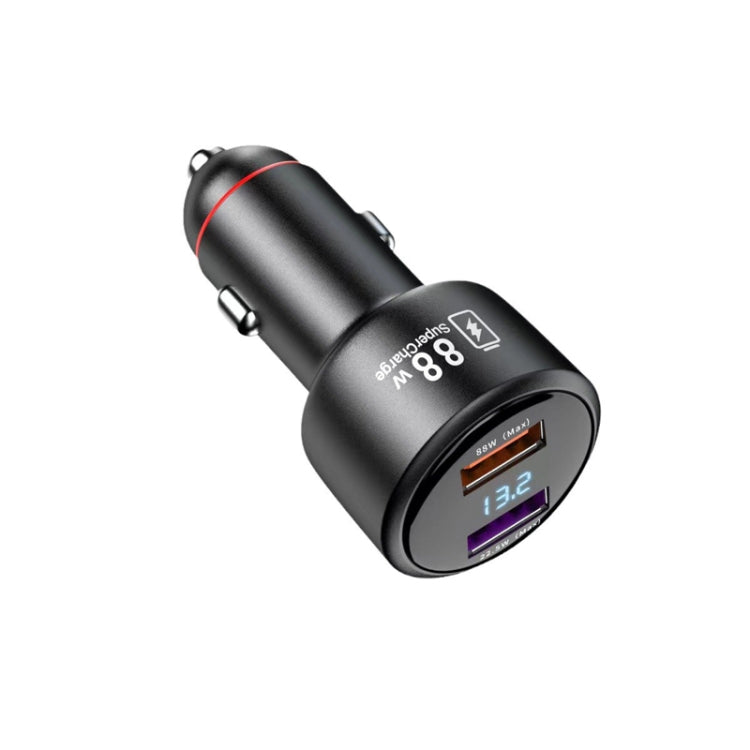 Black mini car fast charger with dual USB ports and 88W supercharge label