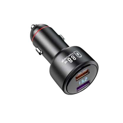 Black mini car fast charger with dual USB ports and 88W supercharge label