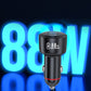 Black 88W car charger with LED digital voltage display glowing blue
