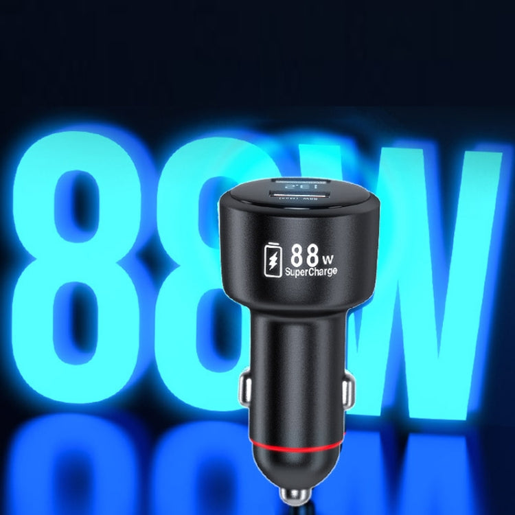 Black 88W car charger with LED digital voltage display glowing blue