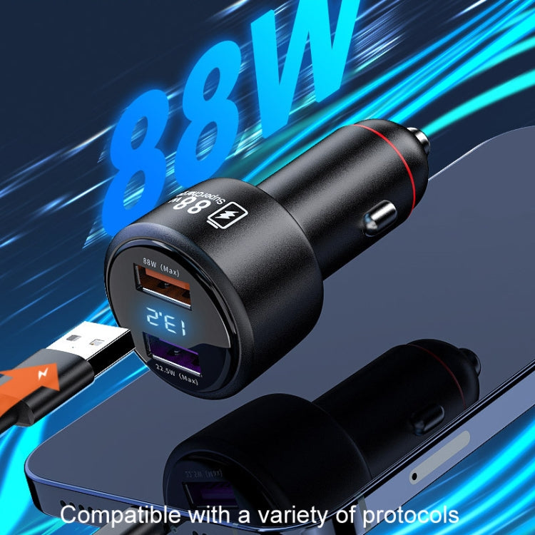 88W car fast charger with dual USB ports and digital screen, black cylindrical design