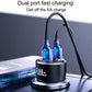 Black dual-port car fast charger base on dashboard, showing USB charging output