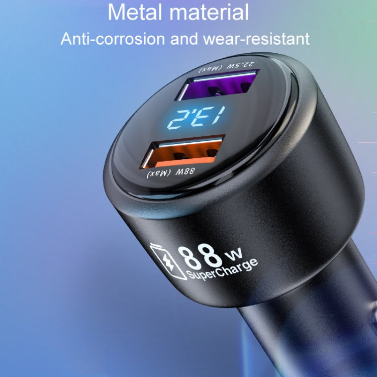 Matte black 88W car charger with metal body and glowing orange/blue LED display