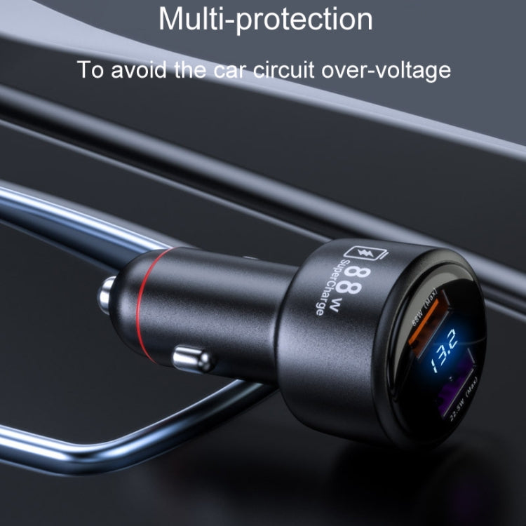 Black 88W car charger with LED display and plug for vehicle cigarette lighter