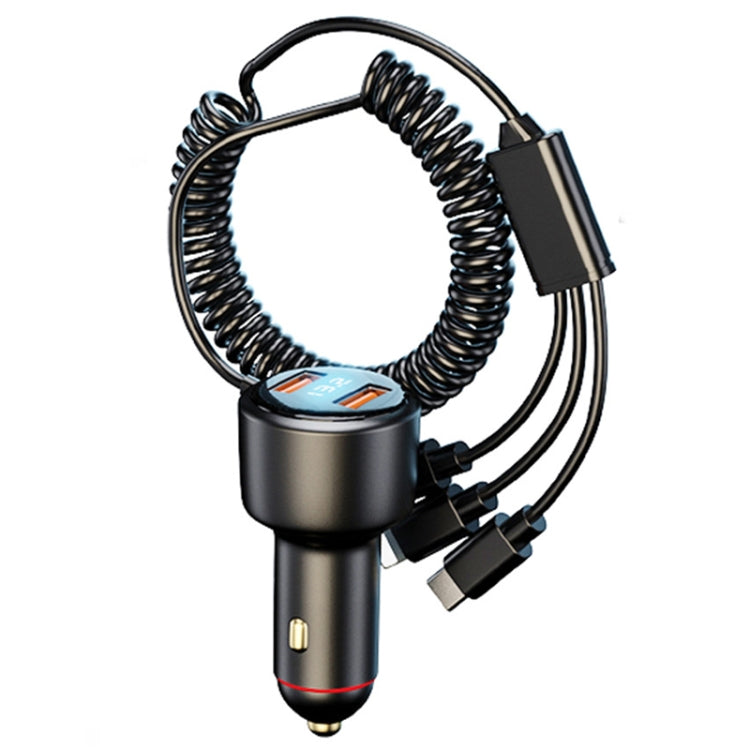 Car mini fast charger with coiled cable, metal plug head, and multi-connector tips