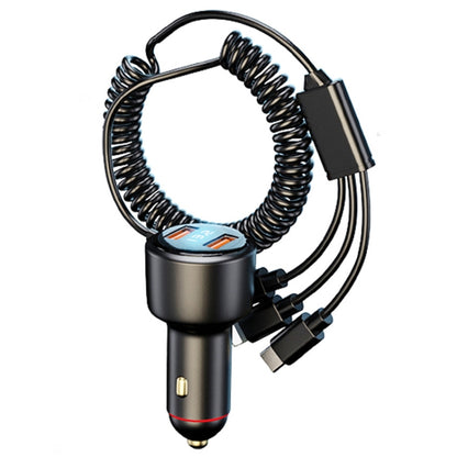 Car mini fast charger with coiled cable, metal plug head, and multi-connector tips