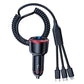 Car mini fast charger with coiled cable, red top ring, and four USB-style connector heads