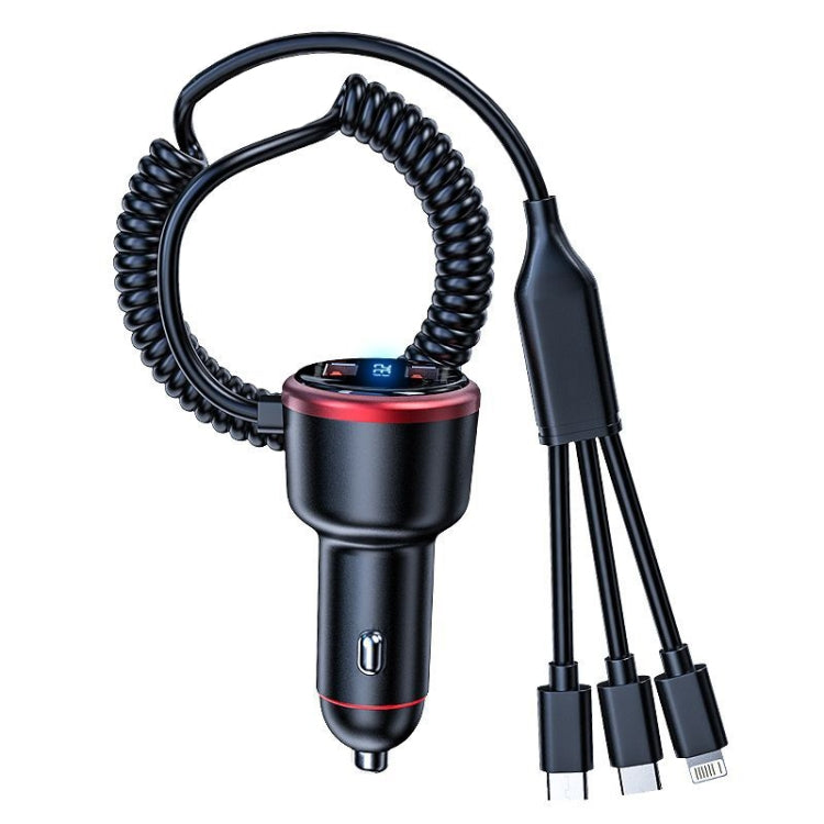 Black car mini fast charger with coiled cable, red accent top, and detachable connector set