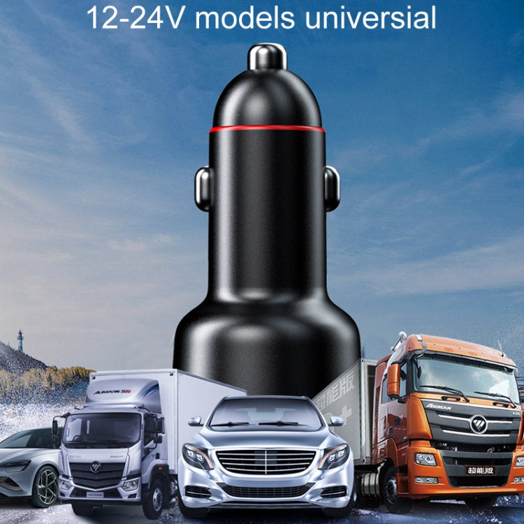 Black car fast charging adapter plug with cylindrical metal body for universal 12–24V use