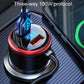 Car fast charger plugged into dashboard socket with blue charging indicator