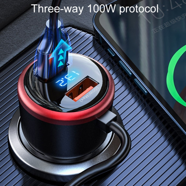 Car fast charger plugged into dashboard socket with blue charging indicator