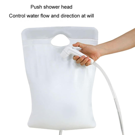 Portable shower water bag with push shower head and top fill opening