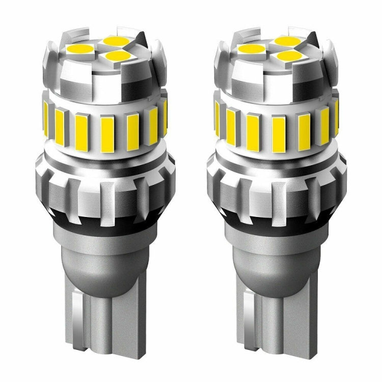 Two T10 LED bulbs with white LED strips and gray connector base