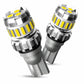 Two T10 LED bulbs angled view, white LED strips on gray housing