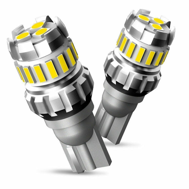 Two T10 LED bulbs angled view, white LED strips on gray housing