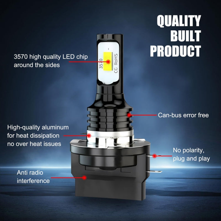 LED headlight bulb with black heatsink and white LED chip, H11B base view