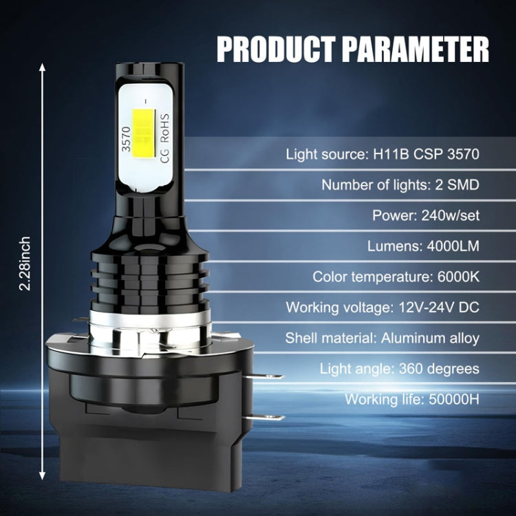LED headlight bulb with black heatsink and silver base, product parameter view, H11B