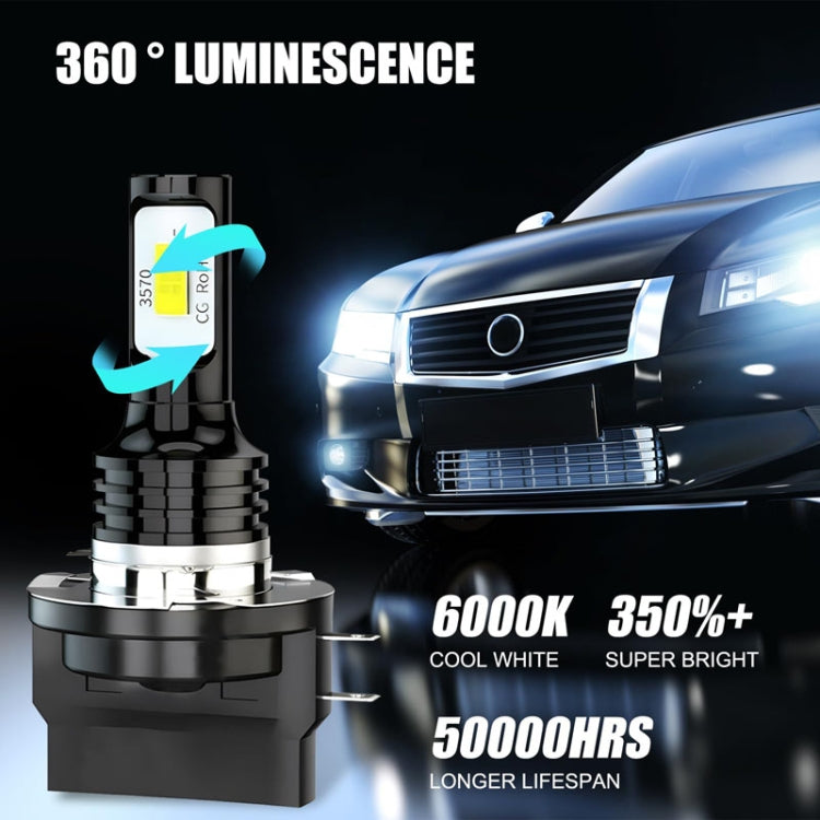 LED headlight bulb and vehicle front, black heatsink with white LED chip, H11B base