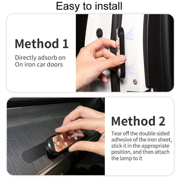Car door warning light installation shown with two mounting methods on car interior trim