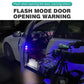 Car door warning light flashing near open car door for visibility at night