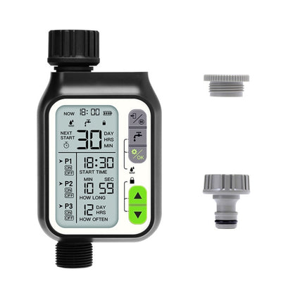 Automatic rain-sensor garden water timer with LCD screen and outlet adapters