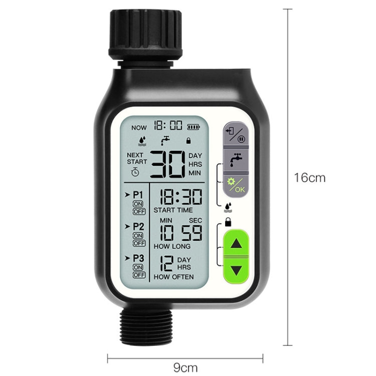 Automatic rain-sensor garden water timer with LCD screen and size dimensions
