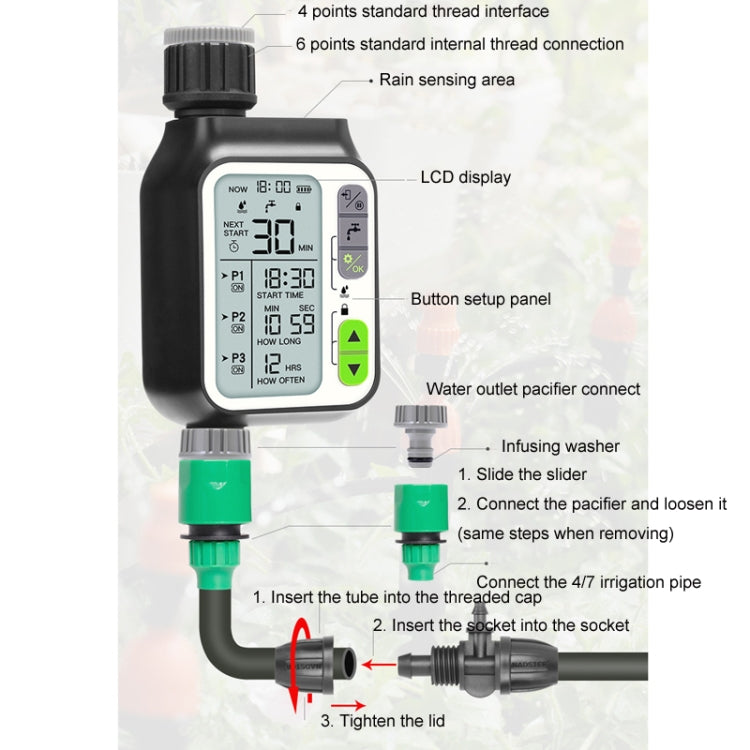Automatic rain-sensor water timer with LCD display, buttons, and water outlet connection