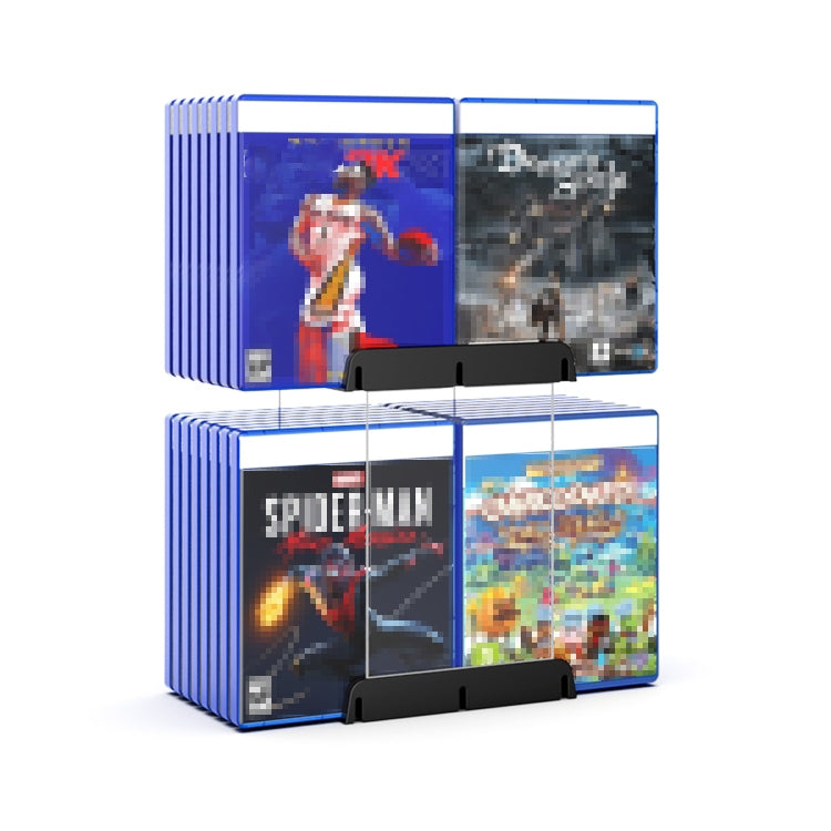 Blue 2-tier CD storage bracket holding multiple game discs side-by-side