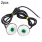 Pair of 23mm round LED mirror spotlights, green lens centers, black wire harness