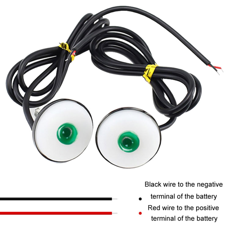 Pair of 23mm mirror spotlights with green lenses and red/black wire lead terminals