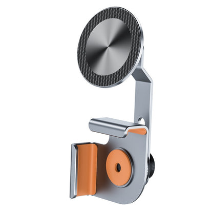 Magnetic car phone holder base with carbon-fiber round mount and clamp arm, gray/orange