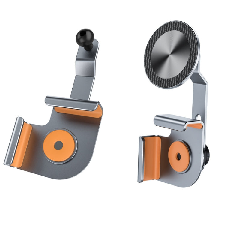 Car phone holder base with magnetic round disc, gray clamp arms, and orange grip inserts