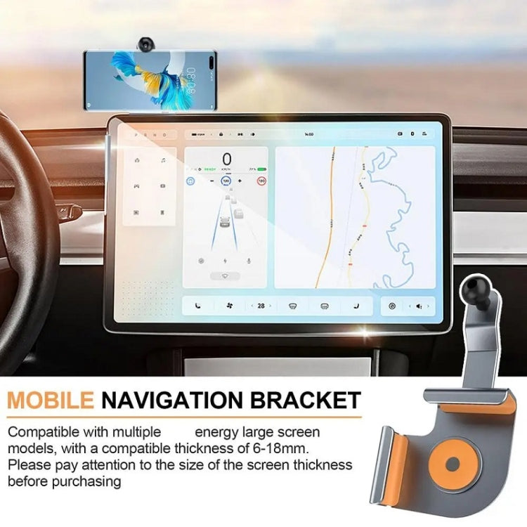 Car dashboard navigation phone bracket with clamp base and magnetic disc, gray/orange accents