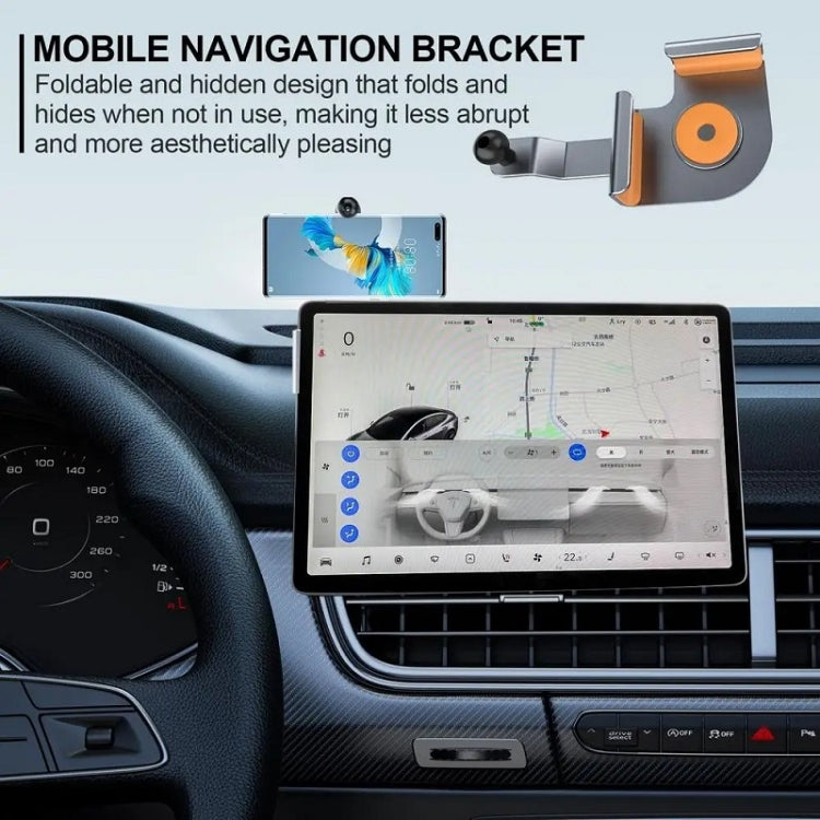 Car-mounted phone navigation bracket with magnetic disc clamp, showing mounting position on dashboard