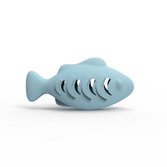 Blue silicone fish-shaped cat toy with ridged side openings
