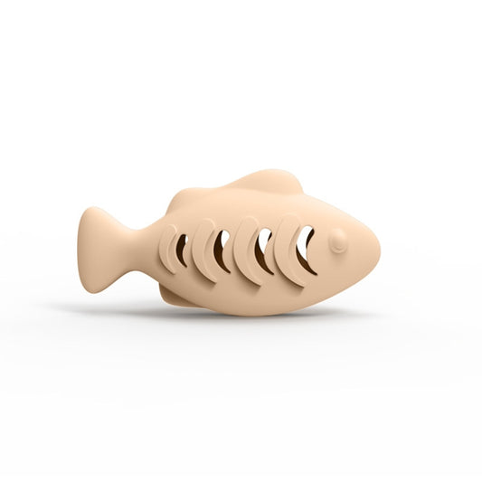 Beige silicone fish-shaped cat toy with ridged side openings