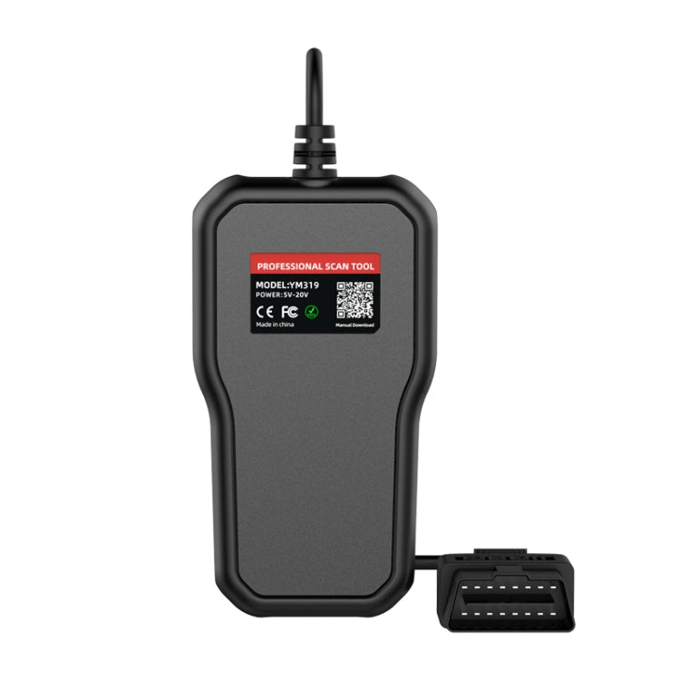 Handheld YM319 OBD diagnostic scanner tester with rear label and cable, plus OBD plug