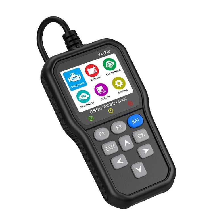 YM319 OBD diagnostic scanner with tilted handheld body, color icons, and keypad