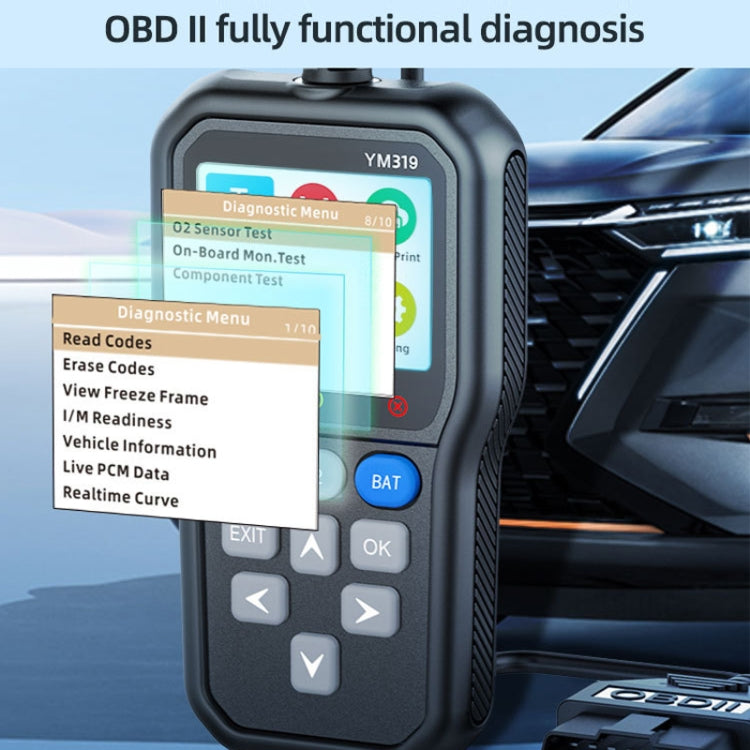 YM319 OBD diagnostic scanner showing diagnostic menu on screen and BAT button