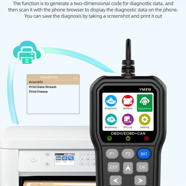 YM319 OBD scanner showing cloud print and settings icons on screen