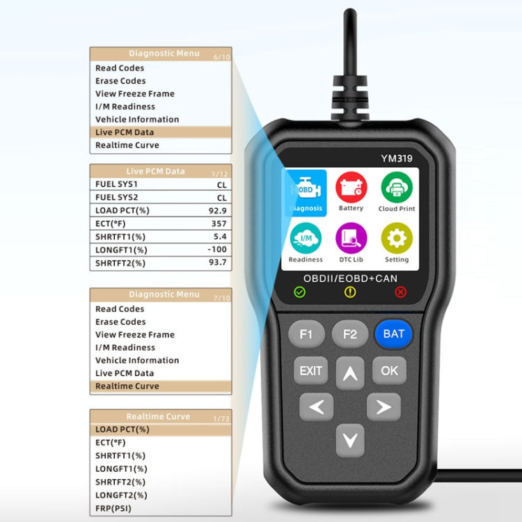 YM319 OBD scanner displaying diagnostic menu list on screen with keypad buttons