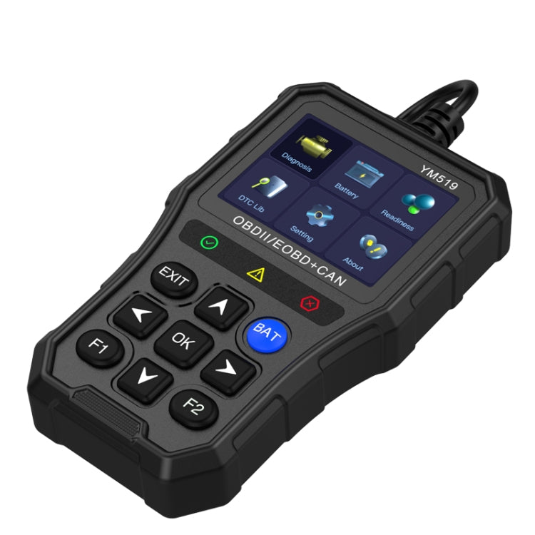 Black handheld OBDII/EOBD CAN diagnostic scanner with color screen and control buttons
