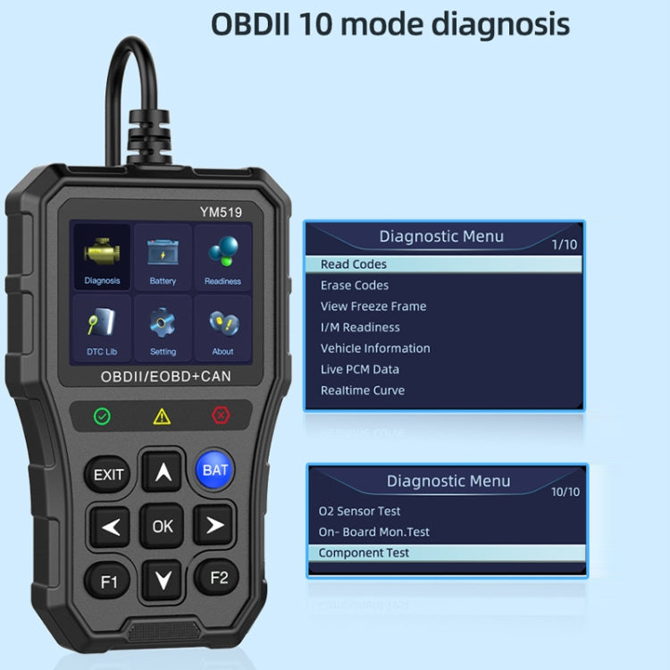 Handheld OBDII/EOBD CAN scanner showing diagnostic menu on its color display