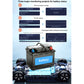 Car battery test setup with battery stand and bright blue display