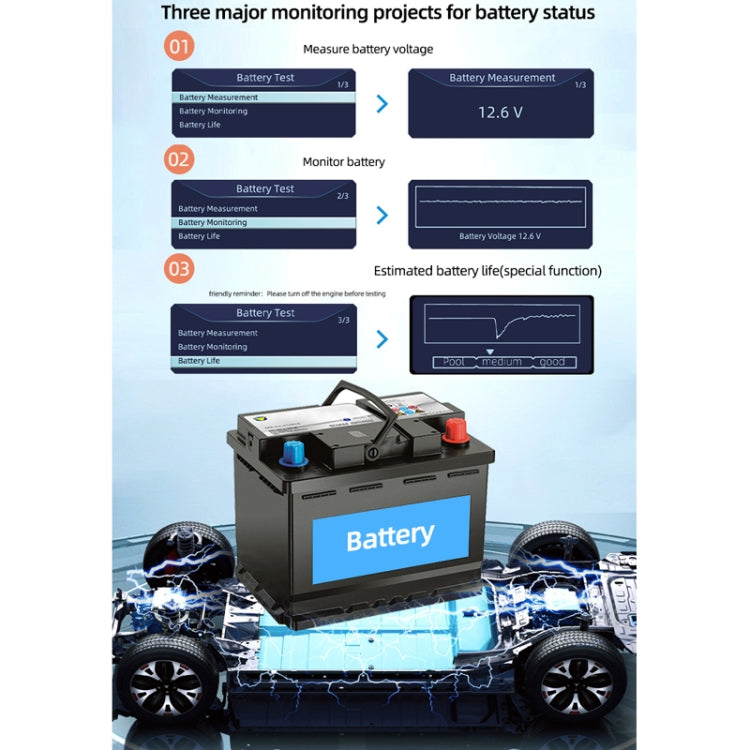 Car battery test setup with battery stand and bright blue display