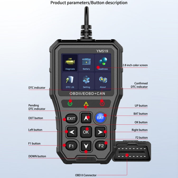 Handheld OBDII/EOBD CAN scanner with side buttons and top probe cable, black