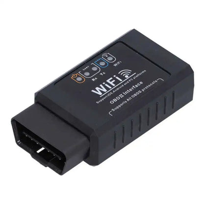 WiFi OBD-II car diagnostic adapter, black housing with OBD plug and status label
